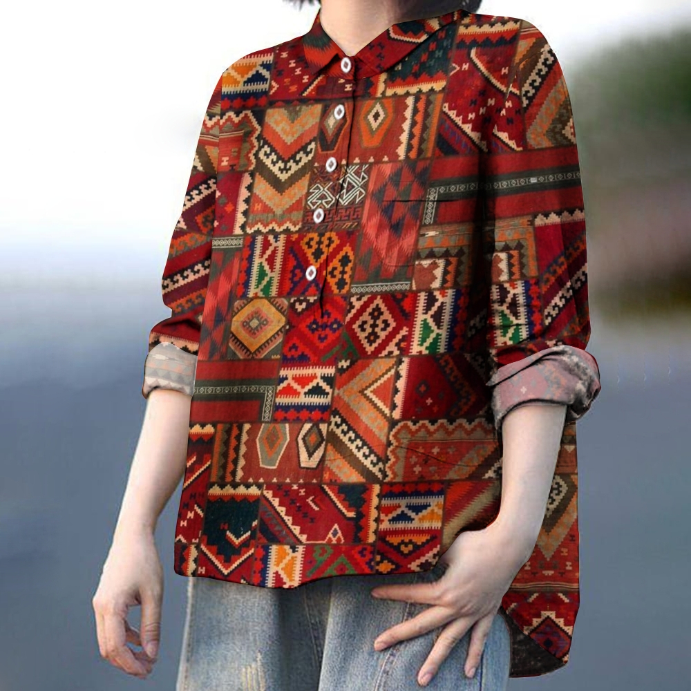 Women's Retro Ethnic Pattern Colorblock Printed Casual Shirt