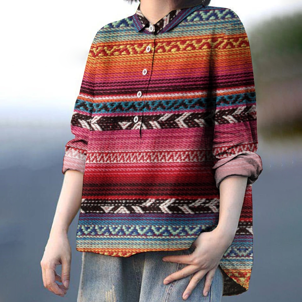 Women's Retro Ethnic Pattern Striped Colorblock Printed Casual Shirt