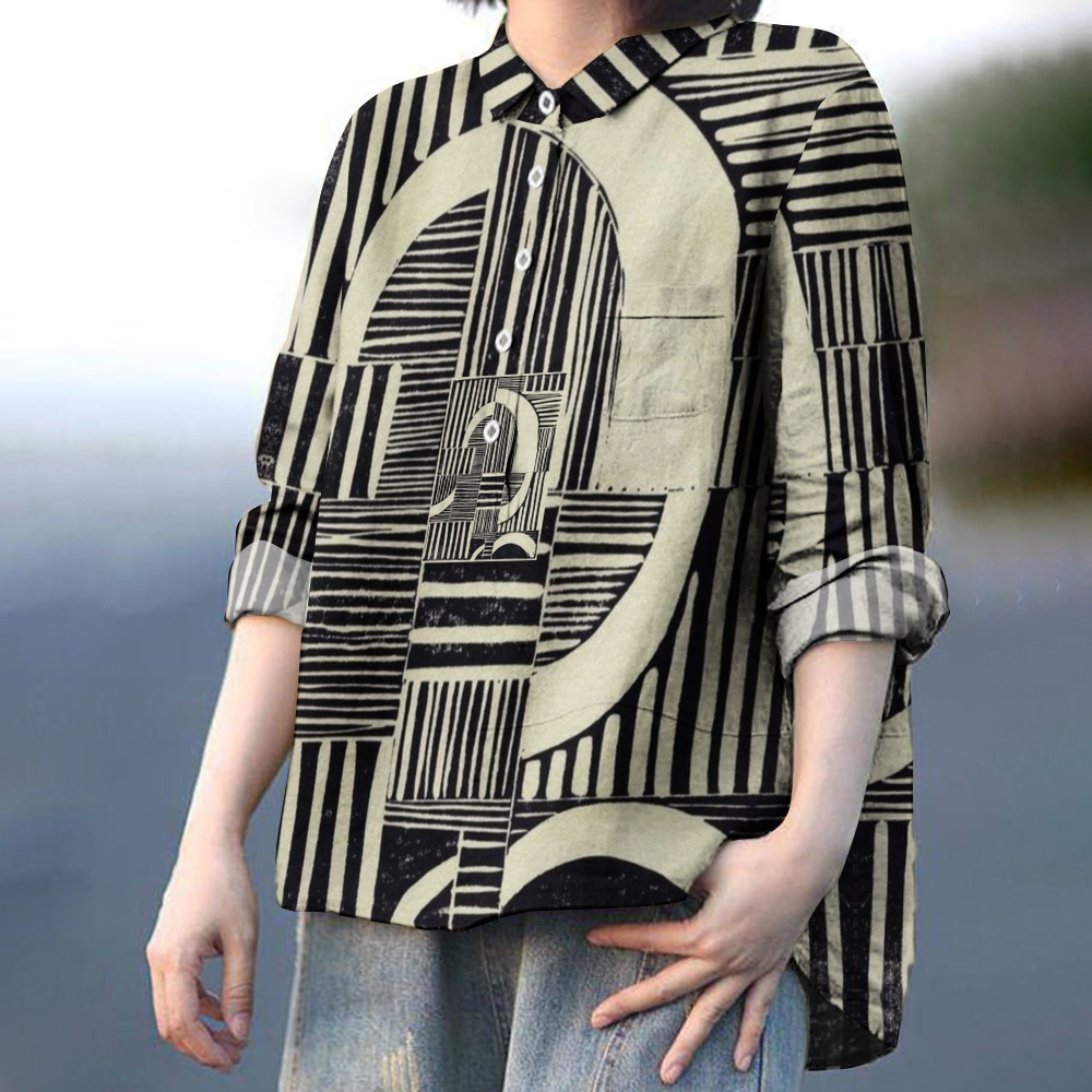 Women's Black and White Striped Colorblock Printed Casual Shirt