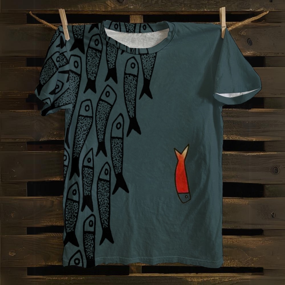 Cute Simple Lines Abstract Geometric Fish Art Print Casual T-shirt