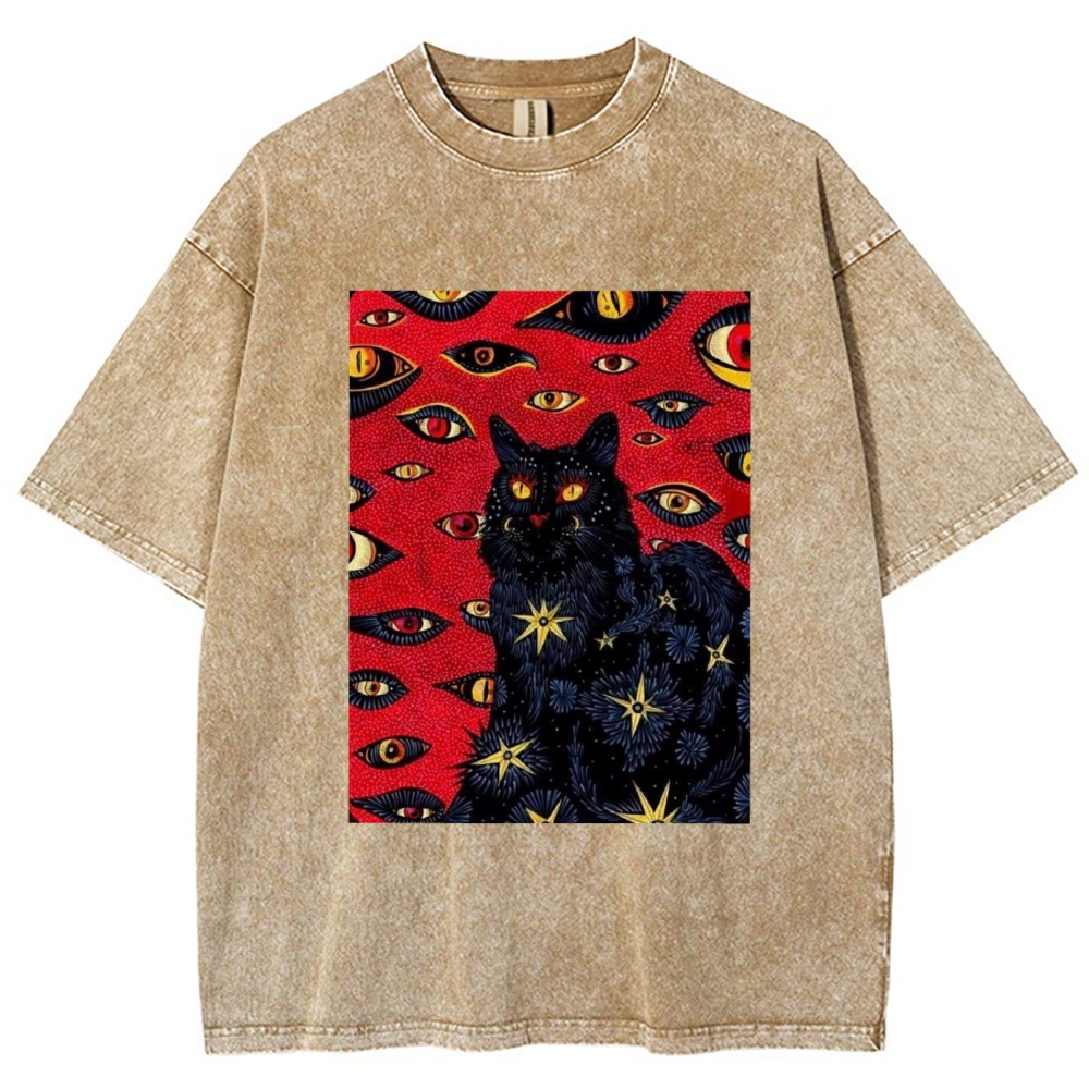 Unisex Abstract Eyes Cat Printed Washed Tee