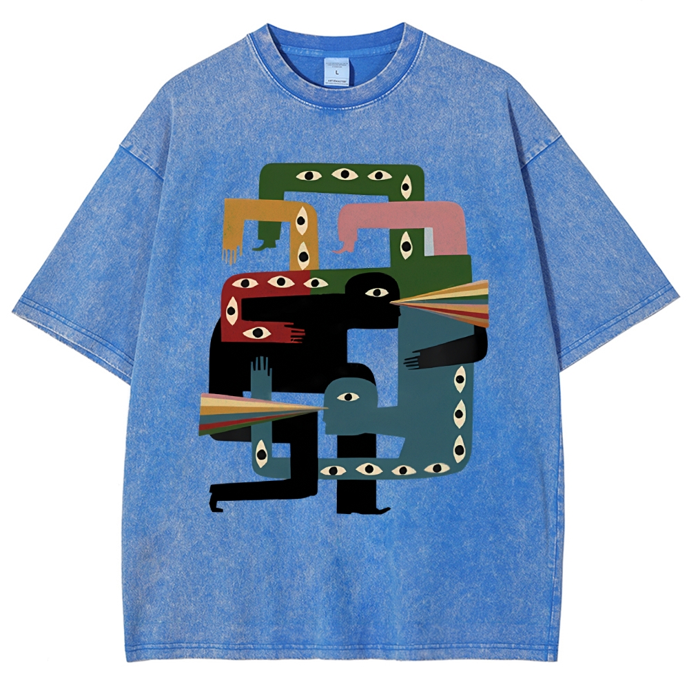 Unisex Abstract Body Eyes Art Printed Washed Tee