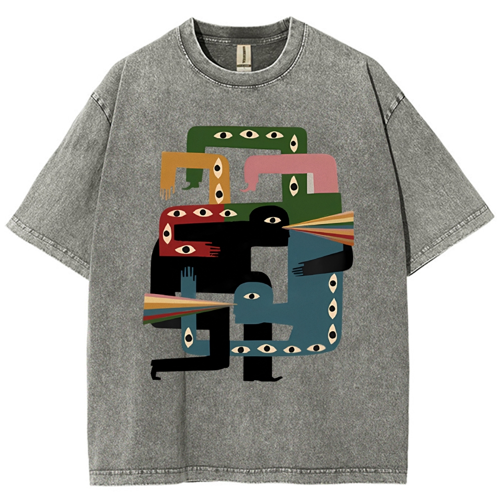 Unisex Abstract Body Eyes Art Printed Washed Tee