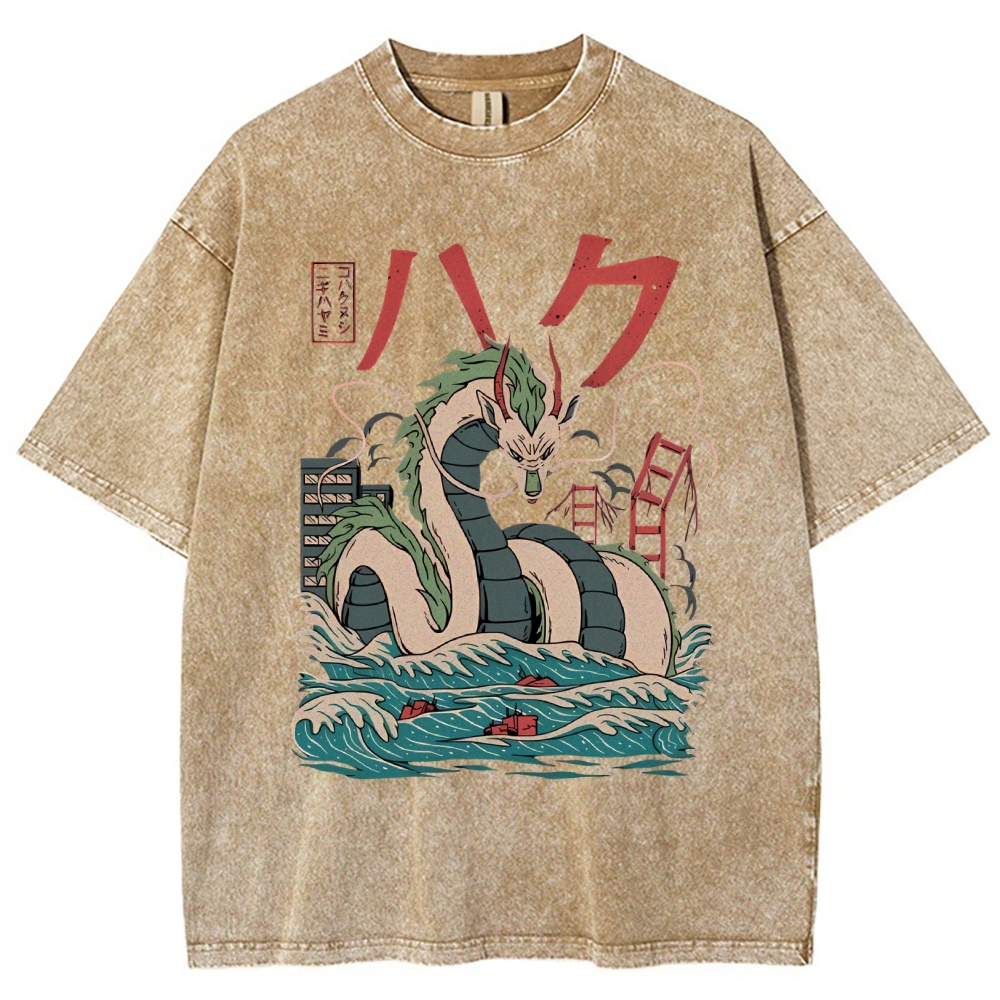 Unisex Dragon Printed Washed Tee