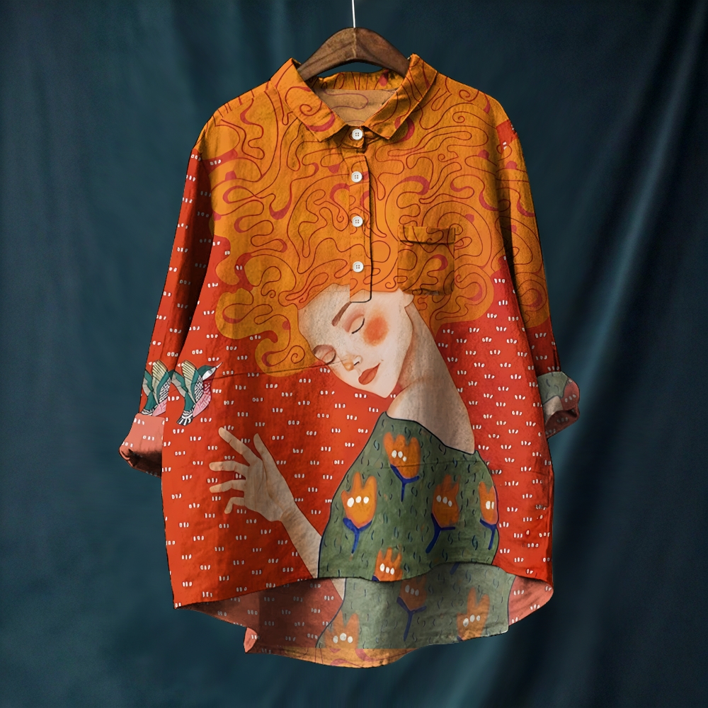 Women's Artistic Portrait Printed Casual Long Sleeve Shirt