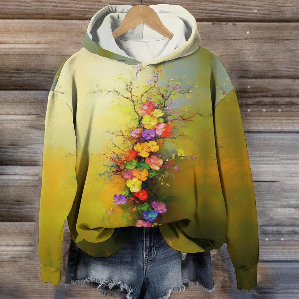 Women's Casual Vintage Flowers Printed Long Sleeve Hoodie