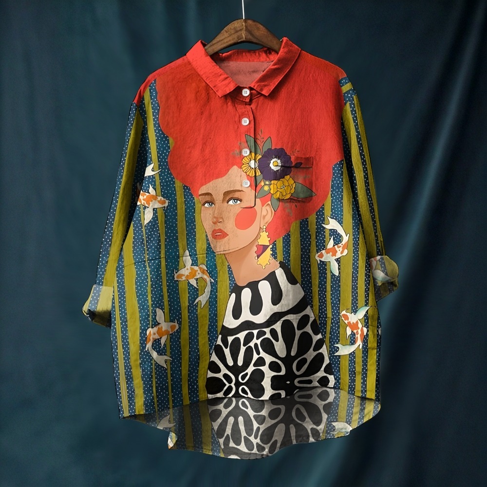 Women's Artistic Portrait Printed Casual Long Sleeve Shirt