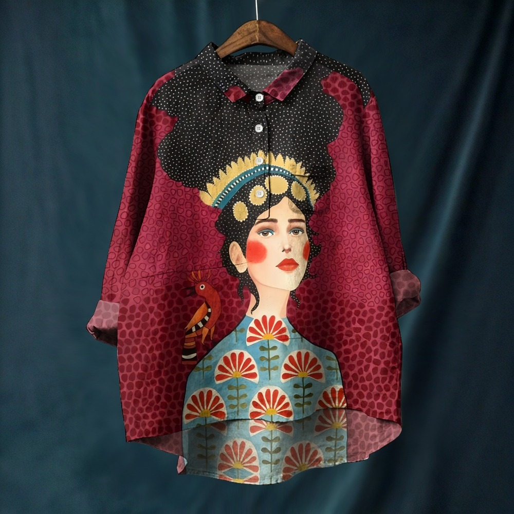 Women's Artistic Portrait Printed Casual Long Sleeve Shirt