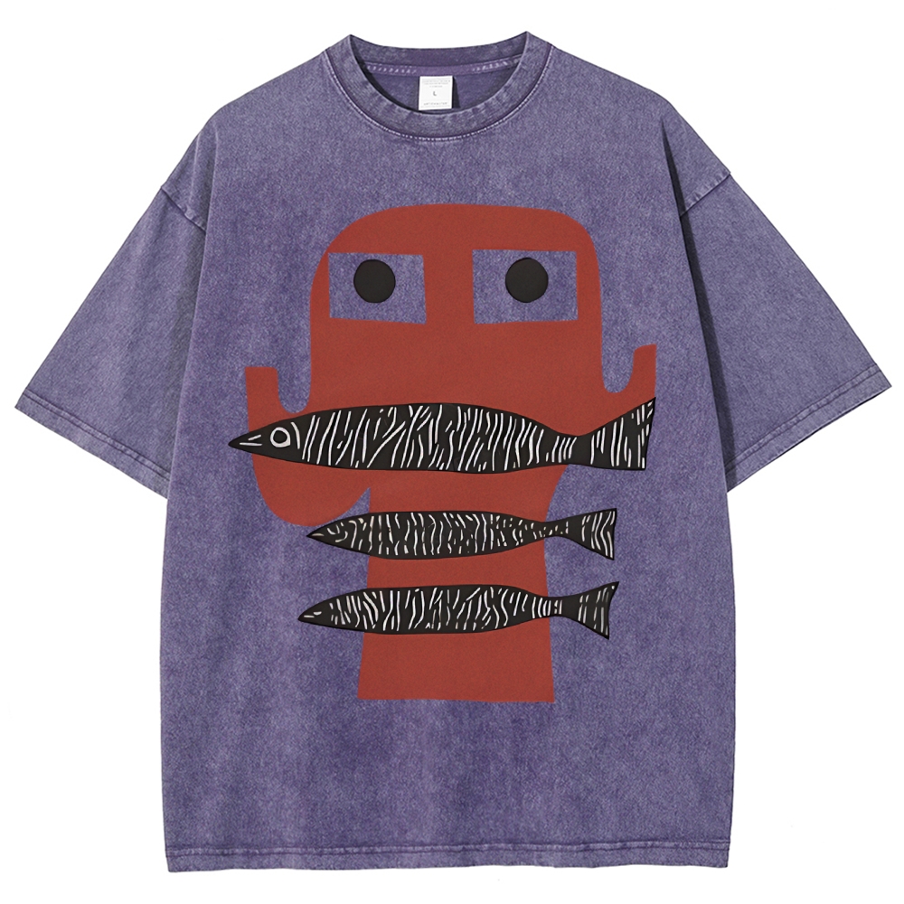 Unisex Fish Printed Washed Tee
