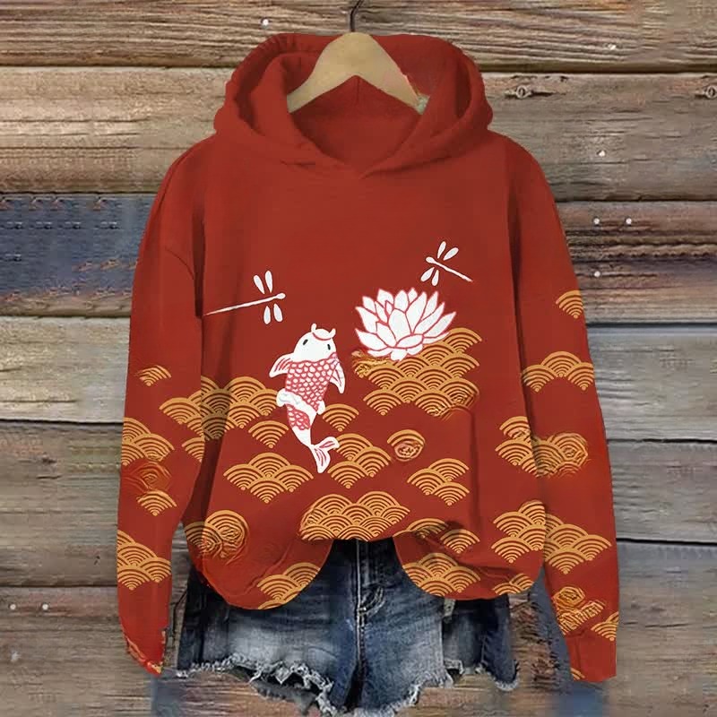 Japanese Style Koi Fish Dragonfly Wave Art Print Casual Long Sleeve Hoodie