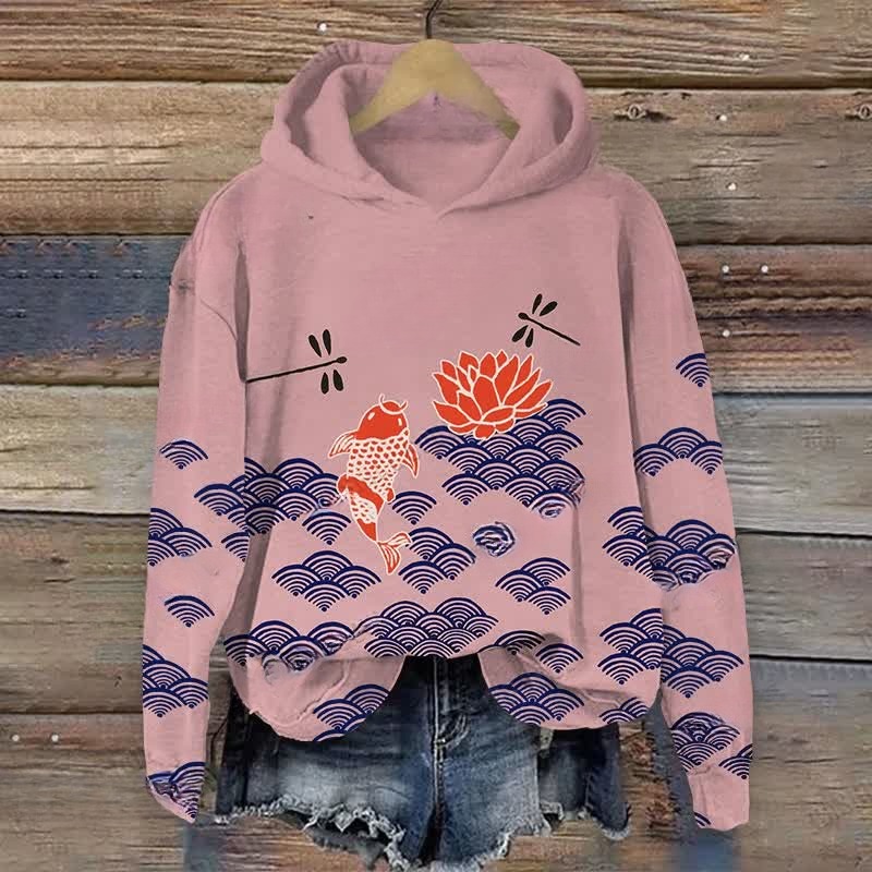 Japanese Style Koi Fish Dragonfly Wave Art Print Casual Long Sleeve Hoodie