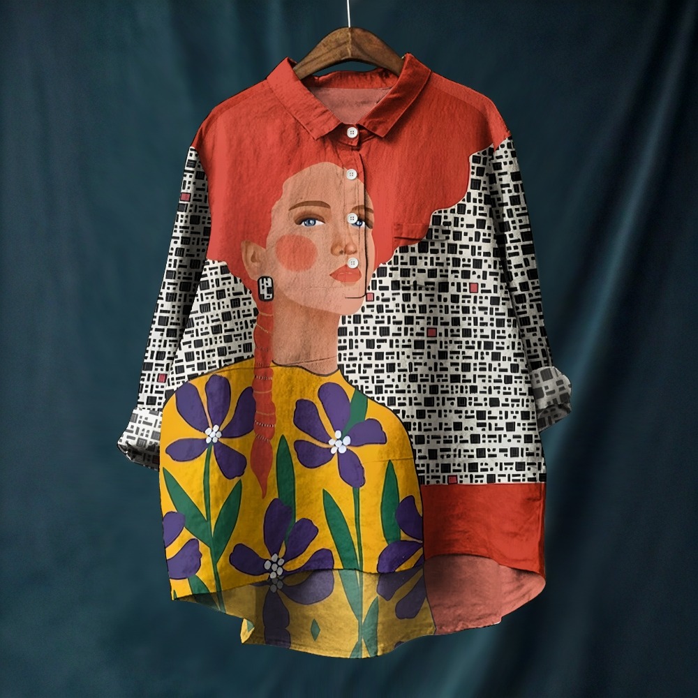Women's Artistic Portrait Printed Casual Long Sleeve Shirt