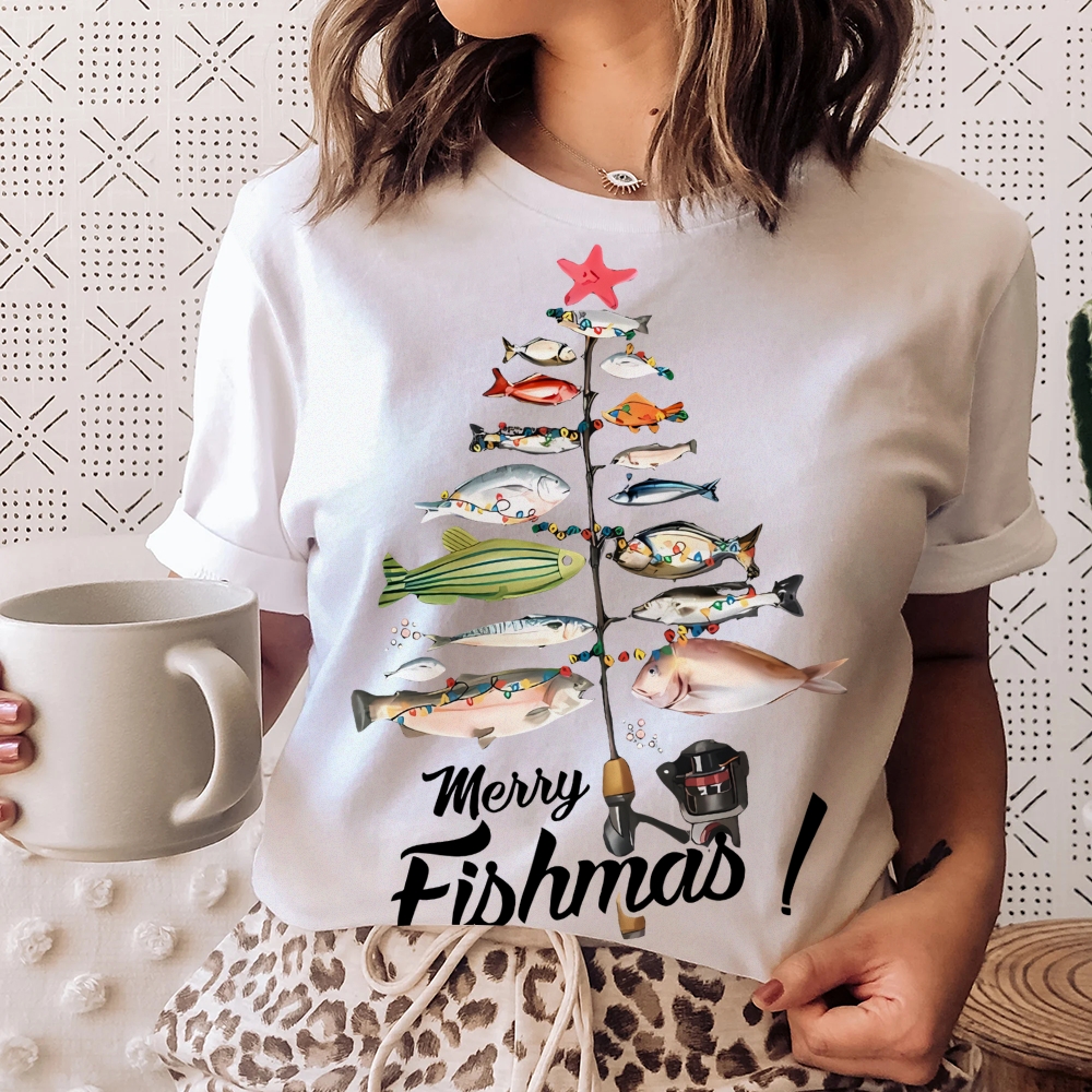 Women's Cotton Merry Fishmas Printed Casual T-Shirt