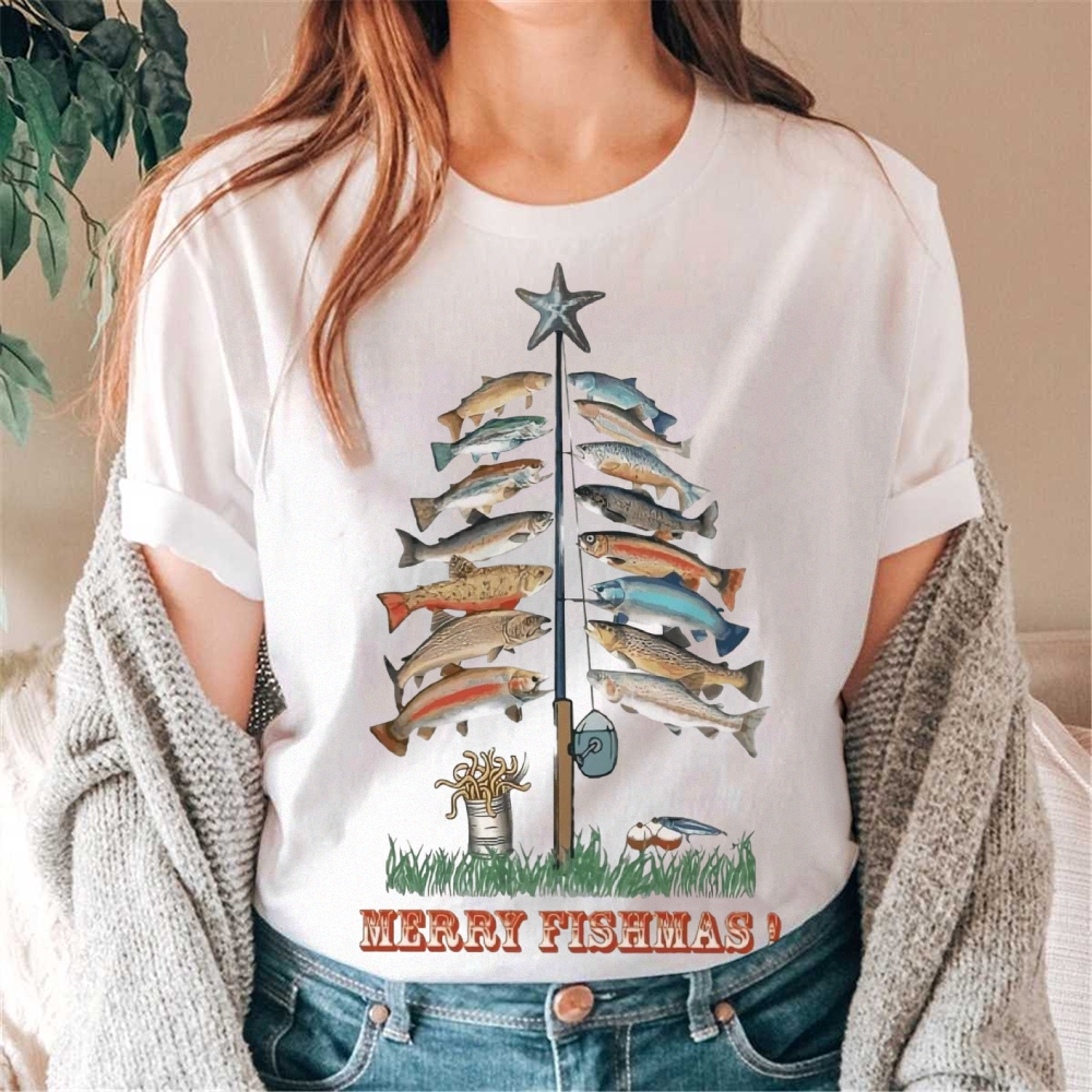 Women's Cotton Merry Fishmas Printed Casual T-Shirt
