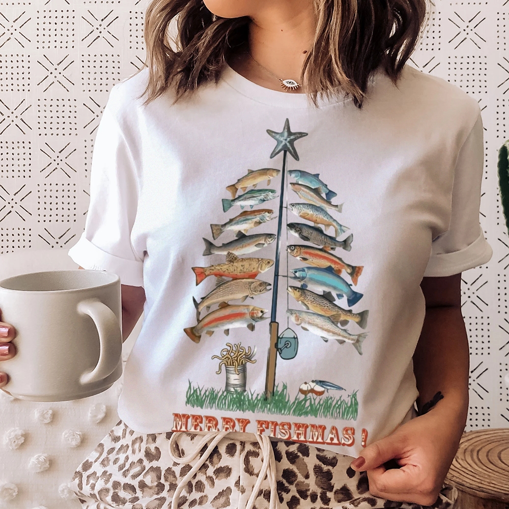 Women's Cotton Merry Fishmas Printed Casual T-Shirt