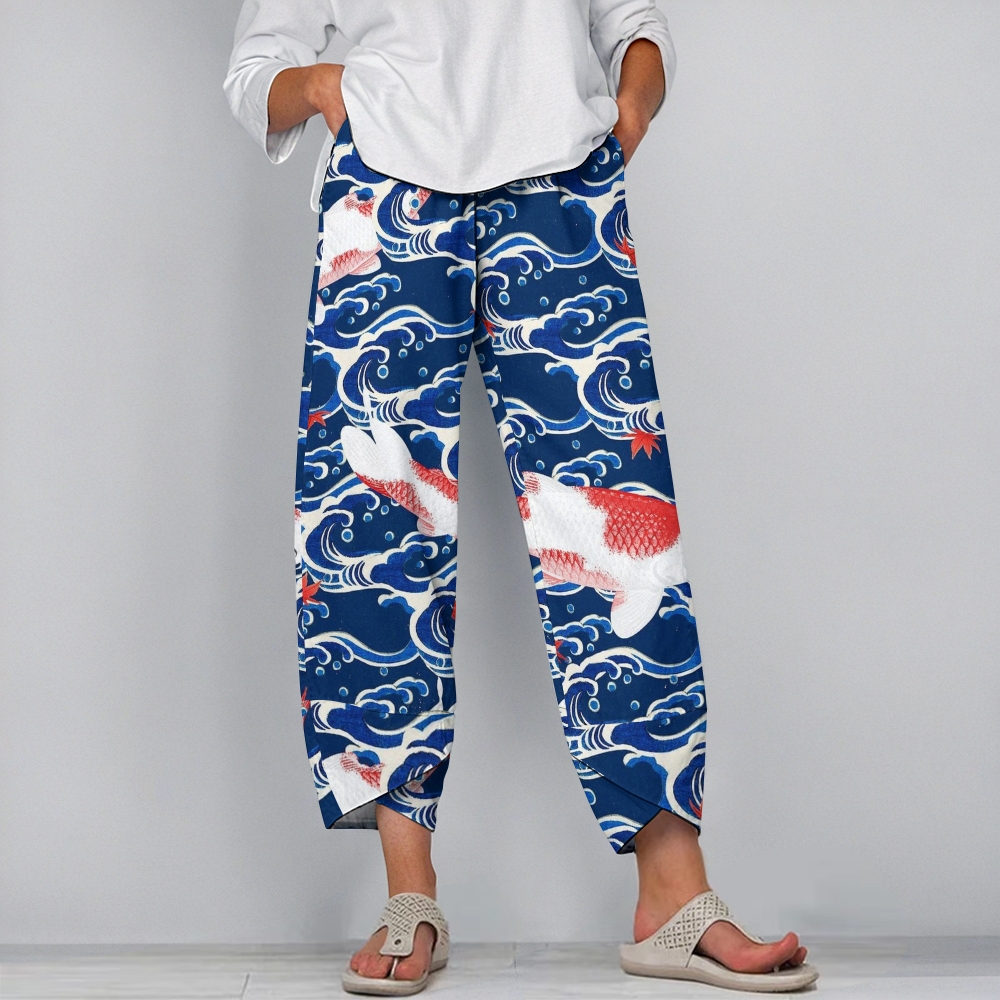 Women's Casual Waves Fish Printed Japanese Pants