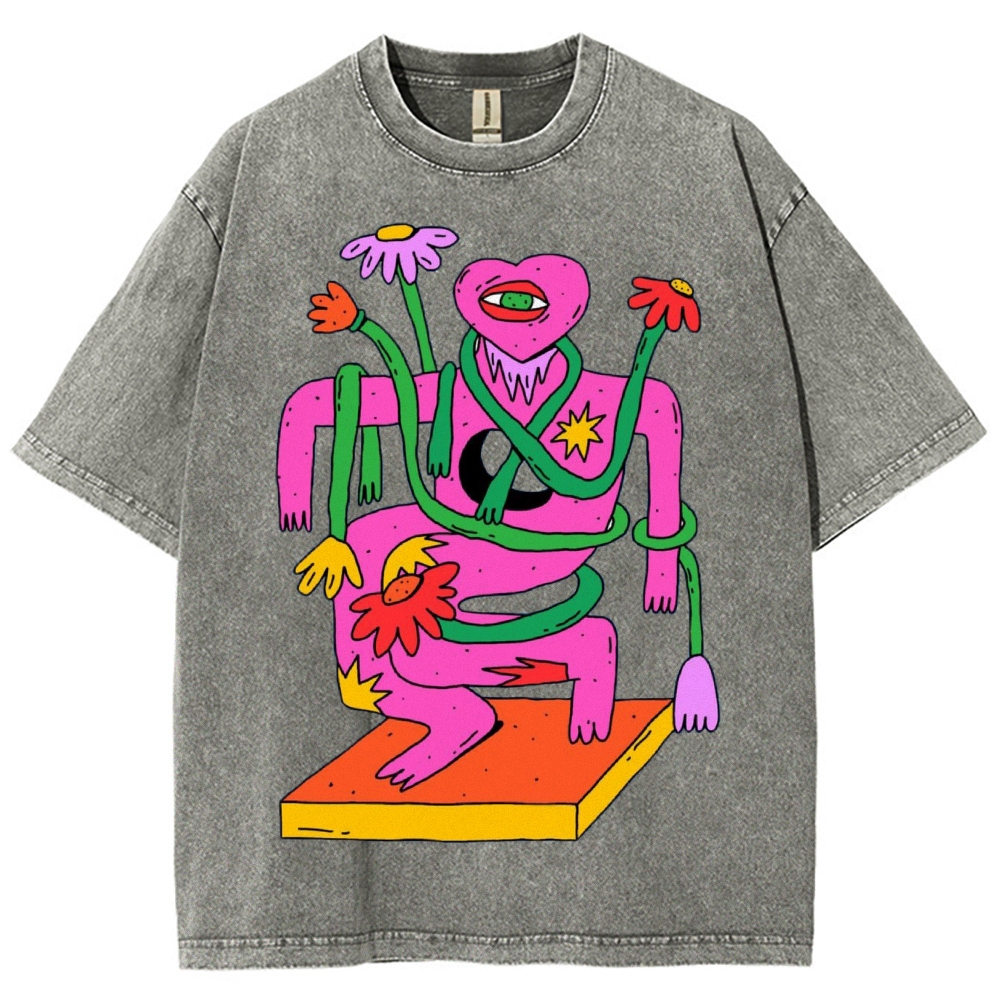 Unisex Abstract Art Flower Portrait Printed Washed Tee