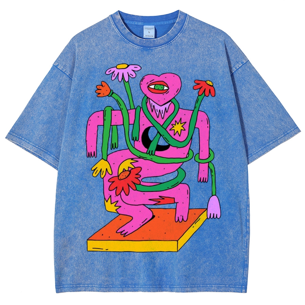 Unisex Abstract Art Flower Portrait Printed Washed Tee