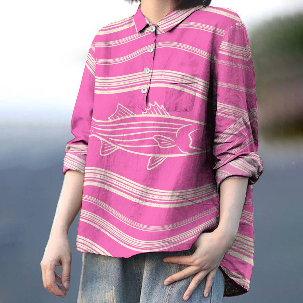 Women's Striped Fish Printed Casual Long Sleeve Shirt