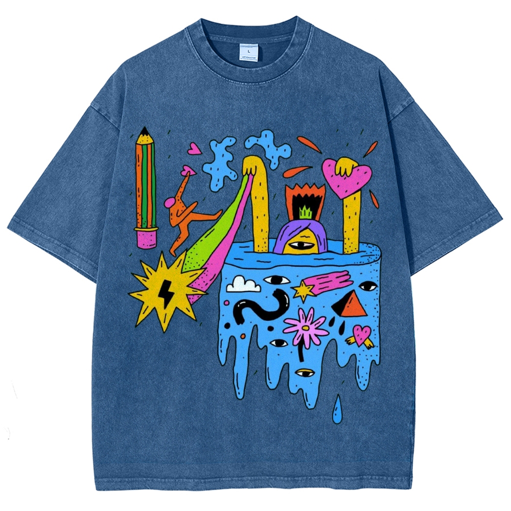 Unisex Abstract Art Eyes Printed Washed Tee