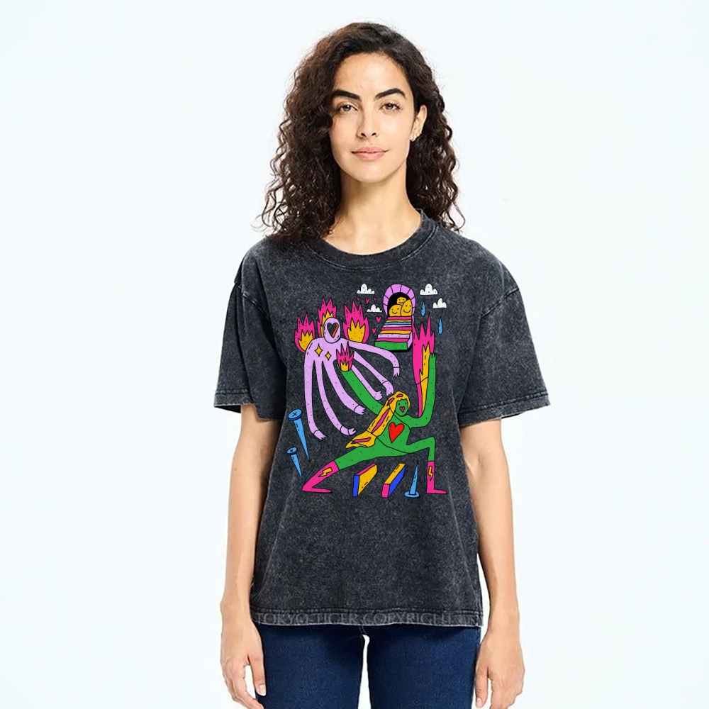 Unisex Art Abstract People Printed Washed Tee