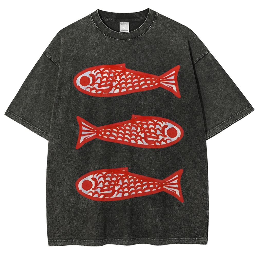 Unisex Vintage Fish Printed Washed Tee
