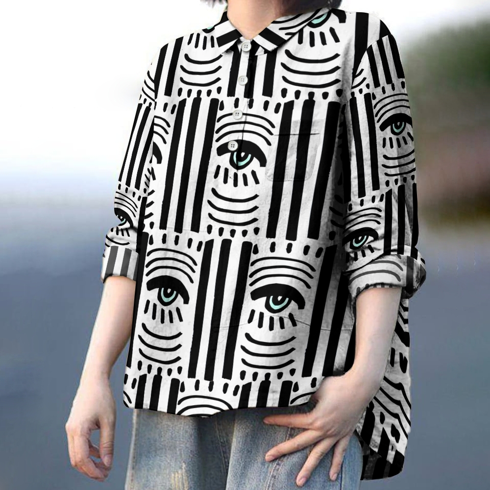 Women's Striped Eyes Printed Casual Long Sleeve Shirt