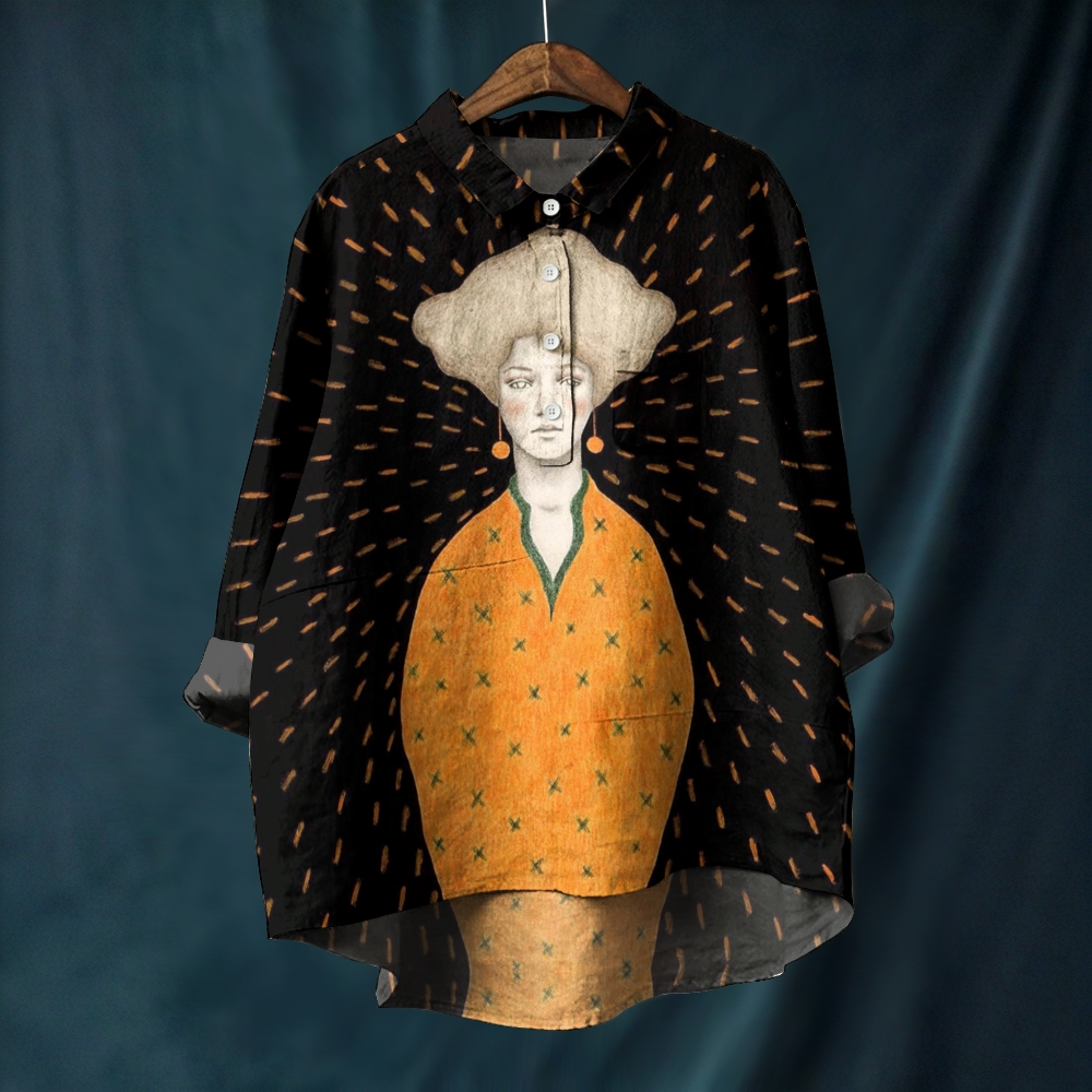 Women's Geometric Art Portrait Printed Casual Long Sleeve Shirt