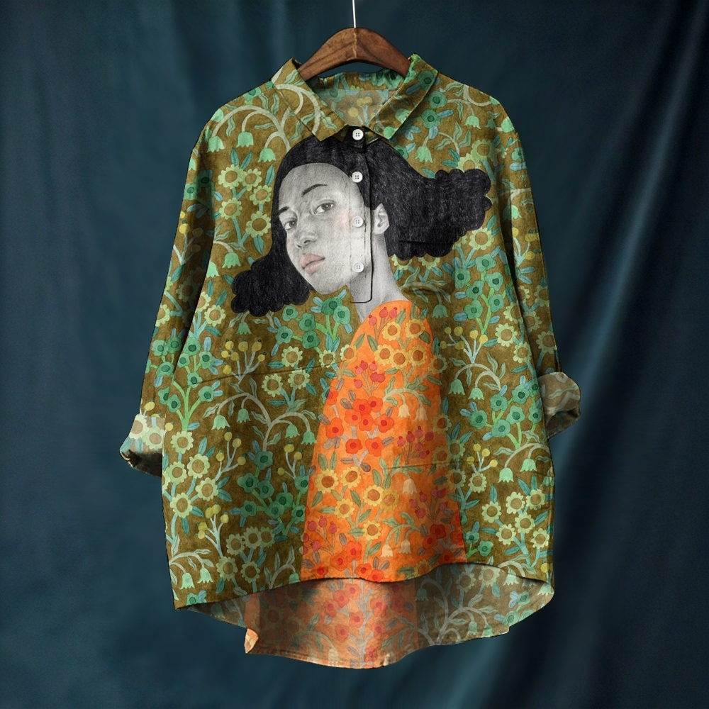 Women's Geometric Art Portrait Printed Casual Long Sleeve Shirt