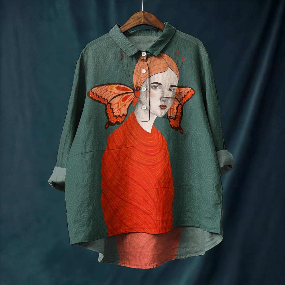 Women's Geometric Art Portrait Printed Casual Long Sleeve Shirt