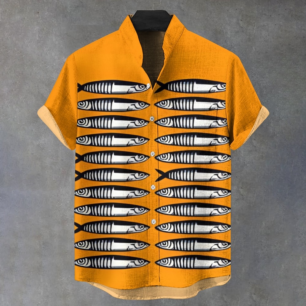 Men'sVintage Fish Sardines Art Print Casual Shirt