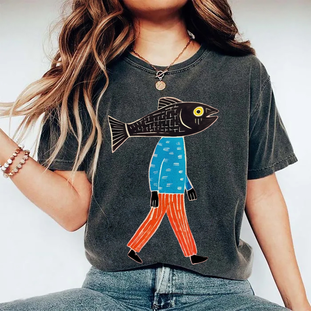 Unisex Abstract Art Fish Printed Washed Tee