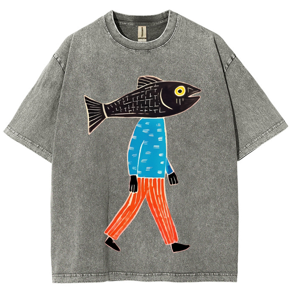 Unisex Abstract Art Fish Printed Washed Tee