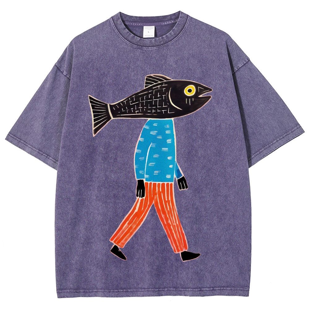 Unisex Abstract Art Fish Printed Washed Tee