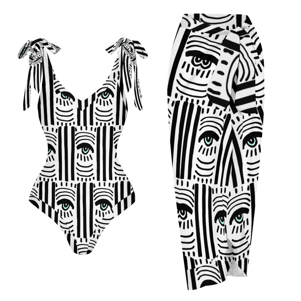 Casual Geometry Eye Printed One-Piece Swimsuit And Cover Up