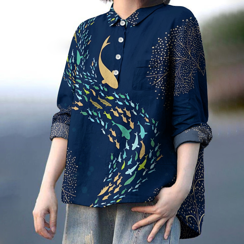 Women's Colorful Fish Printed Casual Long Sleeve Shirt
