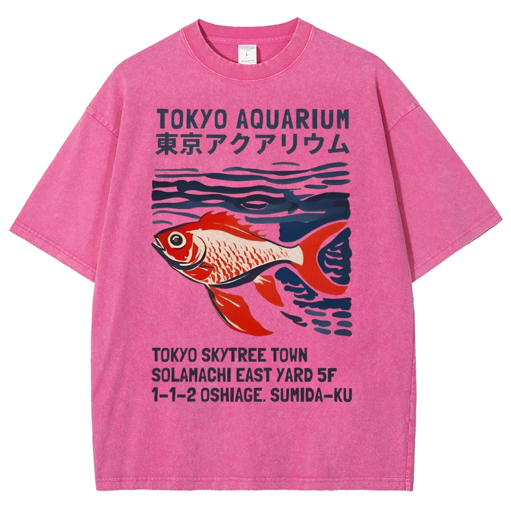 Unisex Japanese Style Fish Printed Washed Tee
