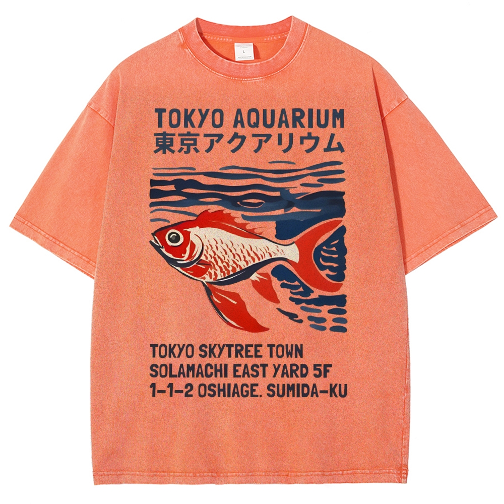 Unisex Japanese Style Fish Printed Washed Tee