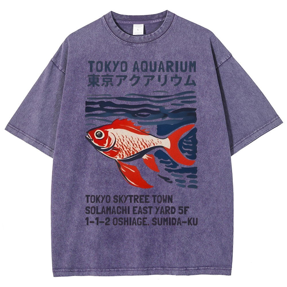 Unisex Japanese Style Fish Printed Washed Tee