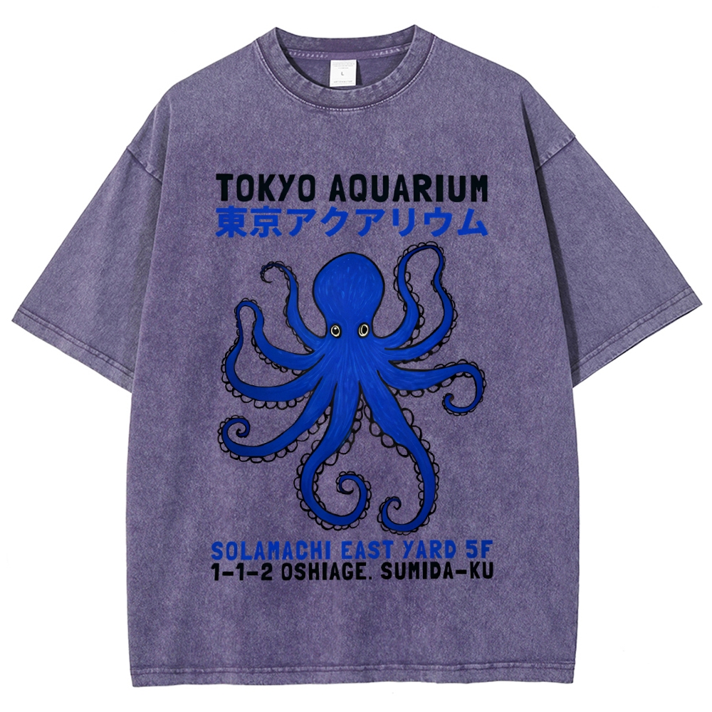 Unisex Japanese Style Octopus Printed Washed Tee