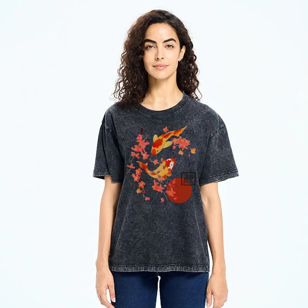 Unisex Vintage Japanese Fish Printed Washed Tee