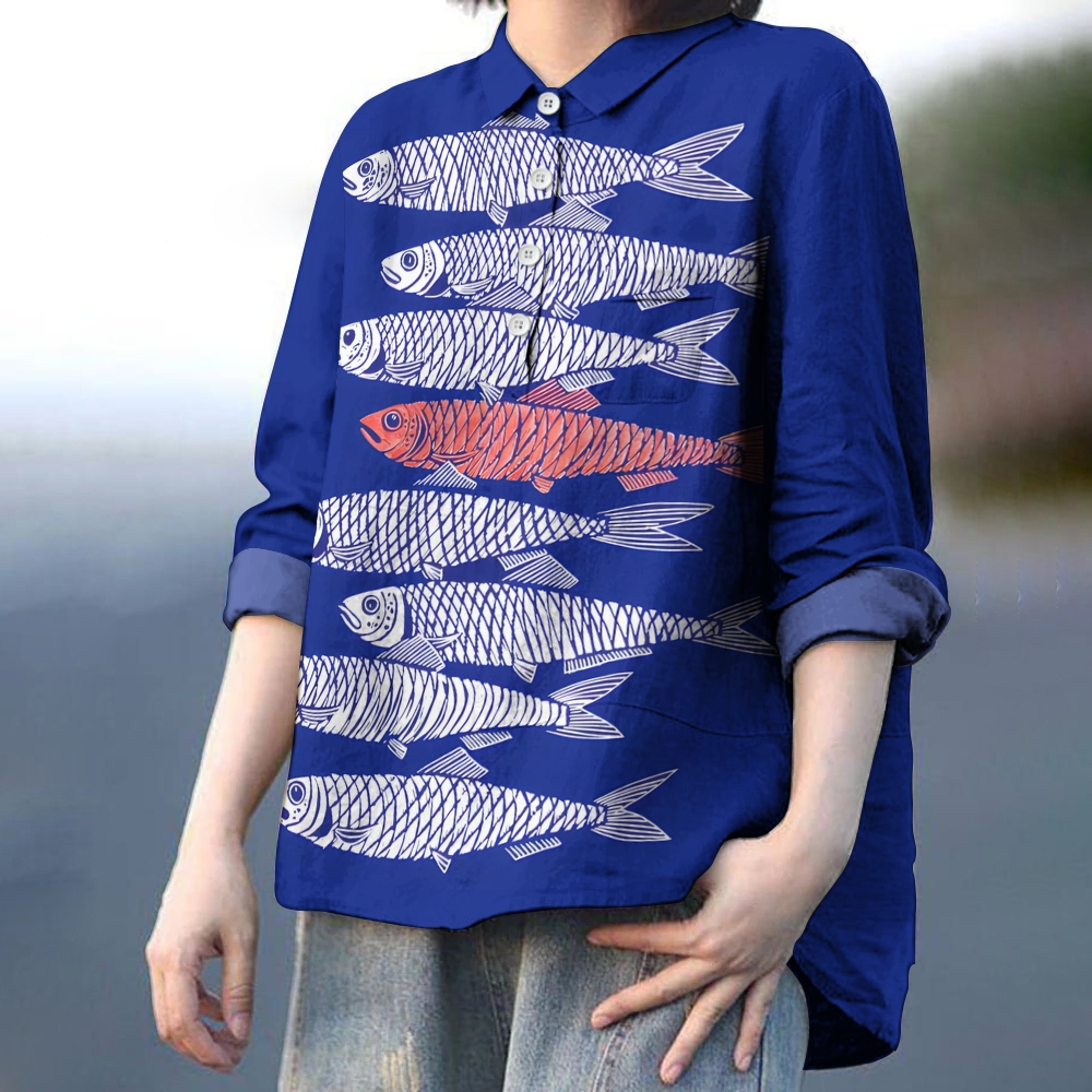 Women's Geometric Fish Printed Casual Long Sleeve Shirt