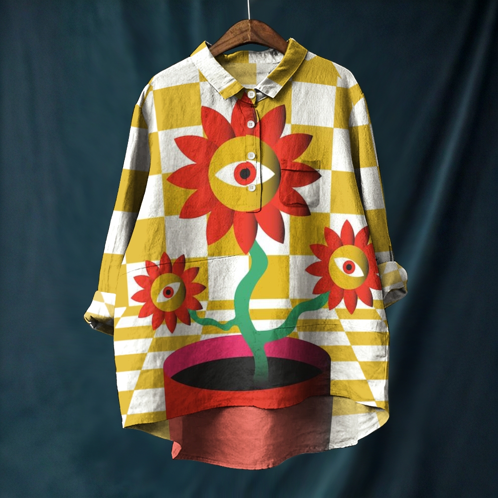 Women's Artistic Geometric Flower Eyes Printed Casual Long Sleeve Shirt