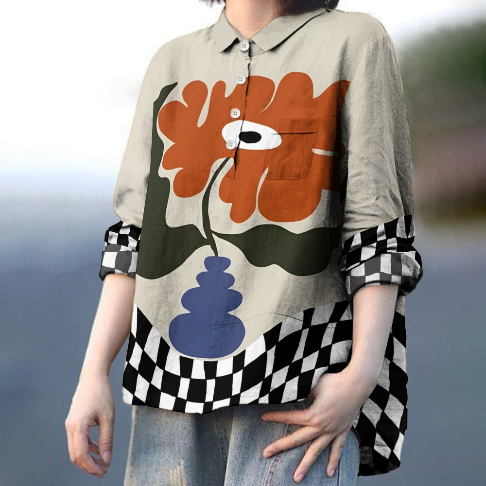 Women's Artistic Geometric Flower Eyes Printed Casual Long Sleeve Shirt