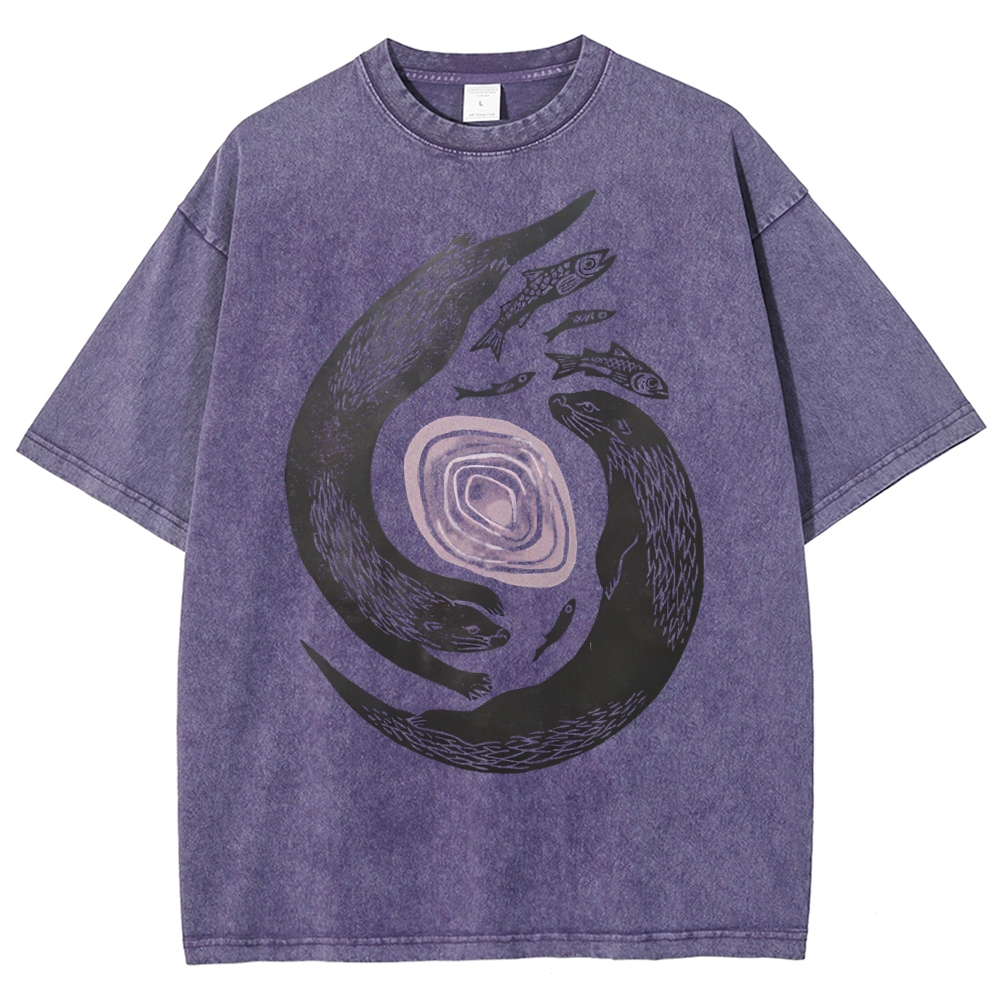 Unisex Vintage Fish Printed Washed Tee