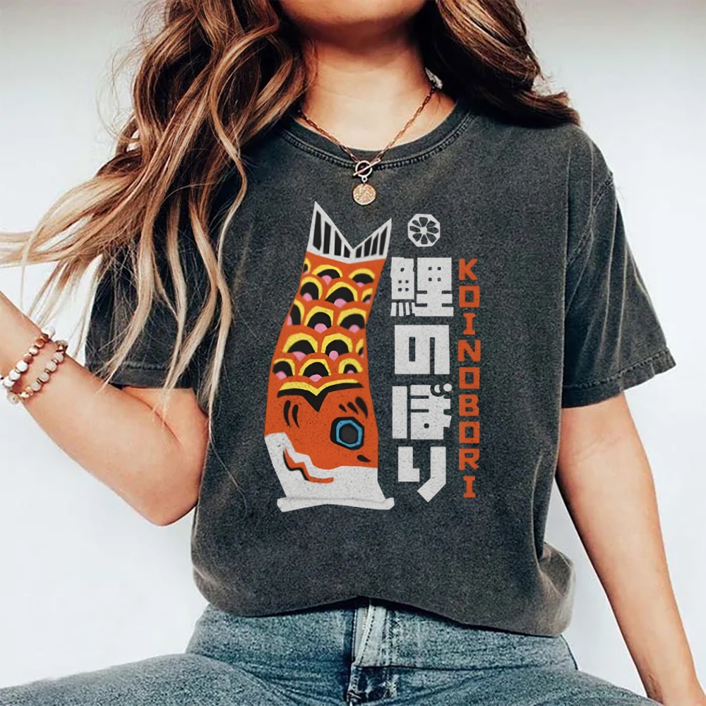 Unisex Japanese Koi Printed Washed Tee