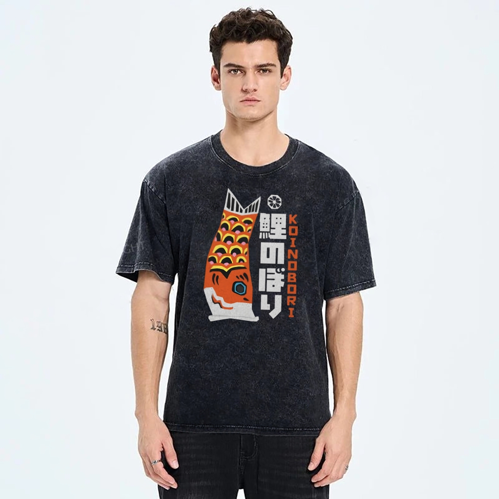 Unisex Japanese Koi Printed Washed Tee