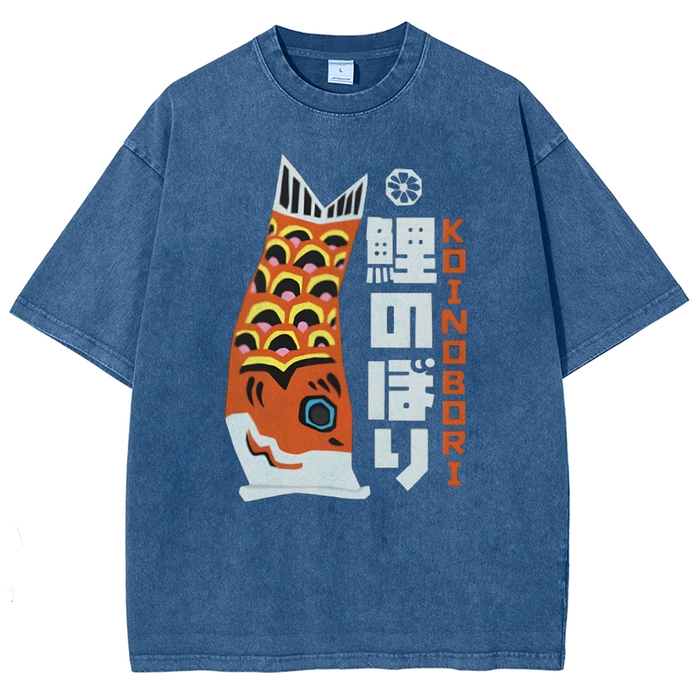 Unisex Japanese Koi Printed Washed Tee