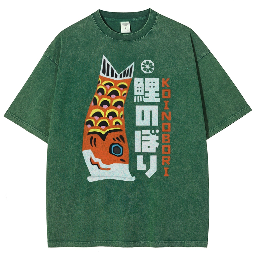 Unisex Japanese Koi Printed Washed Tee