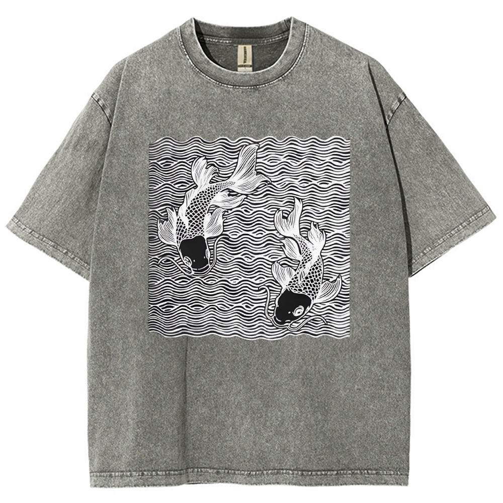 Unisex Waves Koi Printed Washed Tee